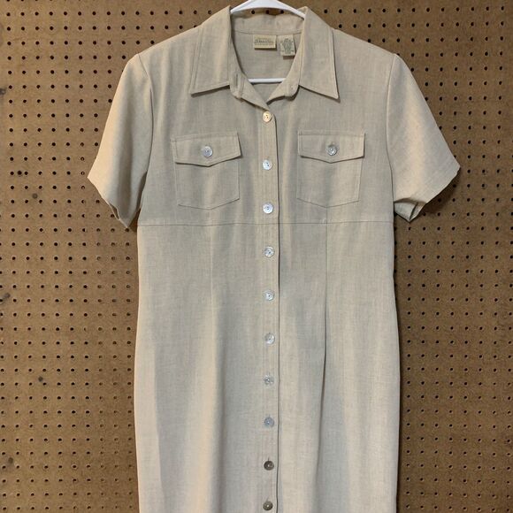 St John's Bay Vintage Utility Shirt Dress 10M Linen Khaki Short Sleeve Collar - Picture 2 of 9